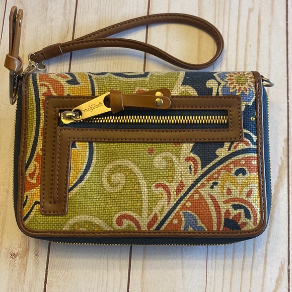 SPARTINA 449 Elfrida Navy Orange Paisley Linen Leather Wristlet - Picture 2 of 9